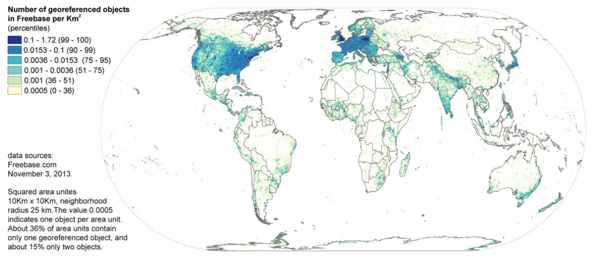 Number of georeferenced objects in Freebase per km², taken from the paper