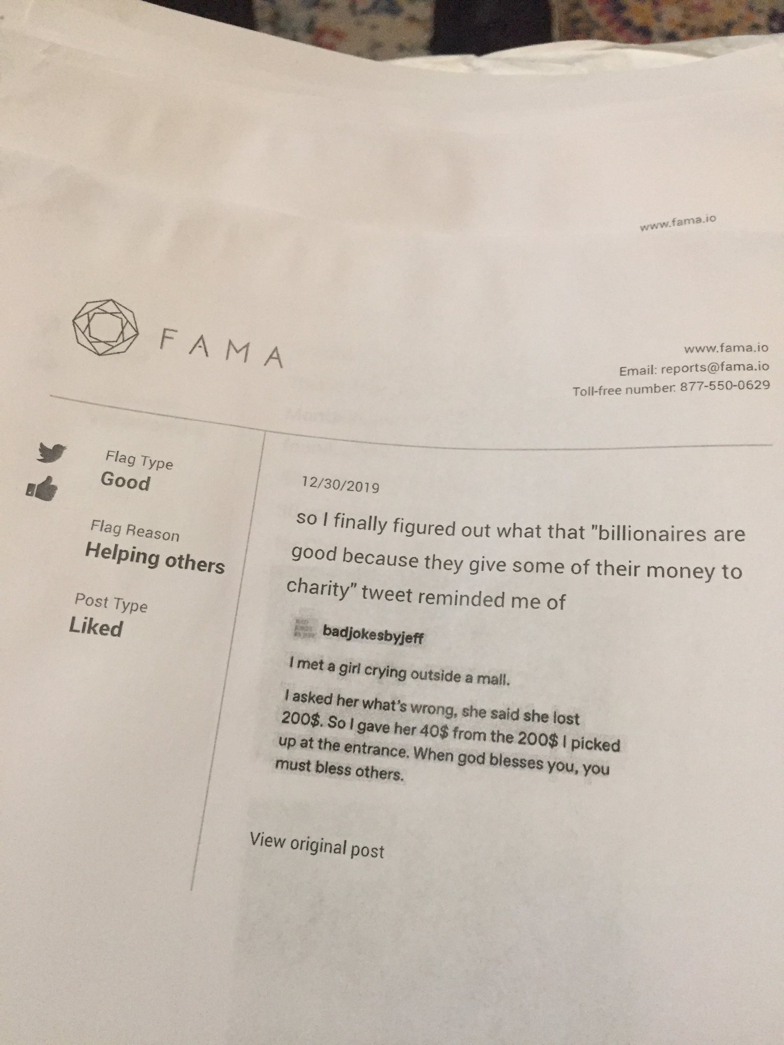Tweet 4 by user @kmlefranc about his Fama.io social media report