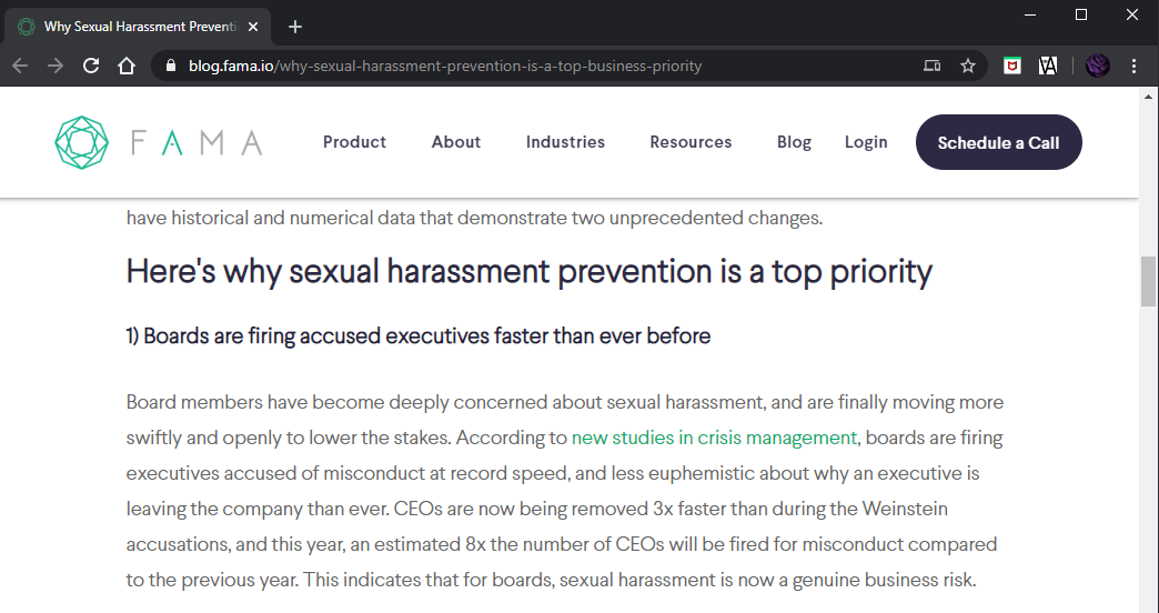 Blog post by Fama.io on Why Sexual Harassment Prevention Is Now a Top Business Priority